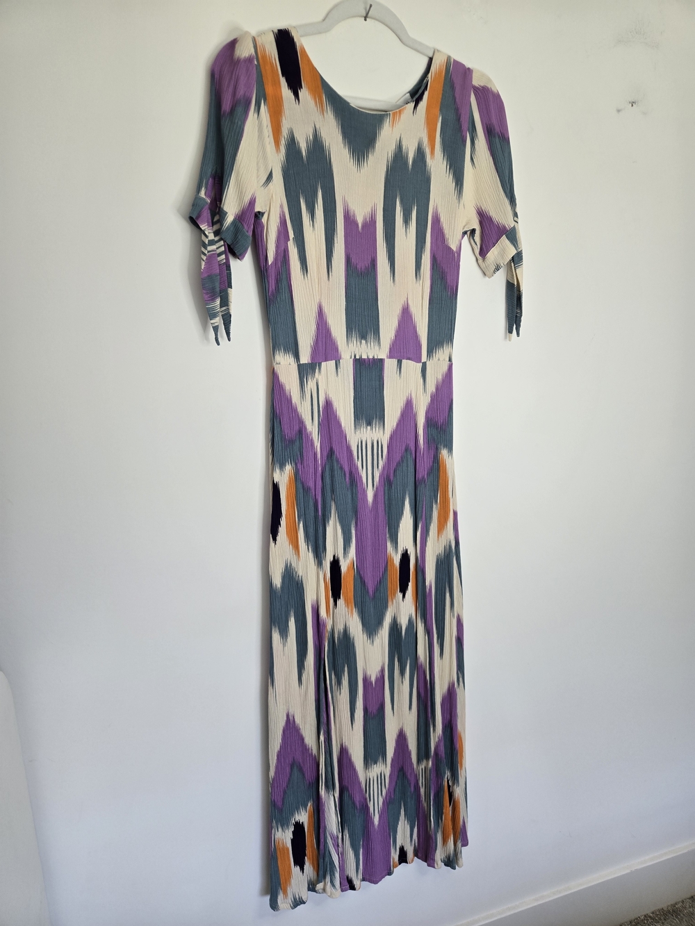 BEL KAZAN Cream Printed Maxi Dress with Purple & Teal Ikat Pattern Boho Chic Med